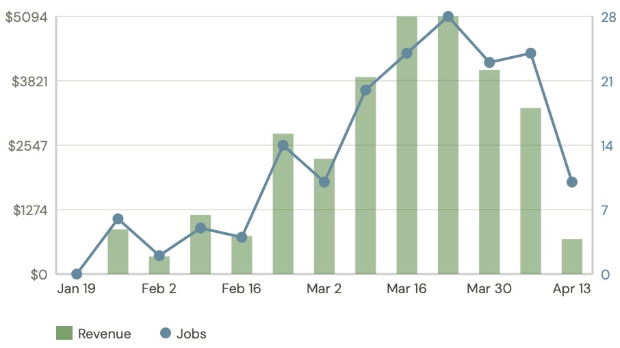 Revenue bar chart — weekly bars with job count trend line overlay, YTD total prominent at the top
